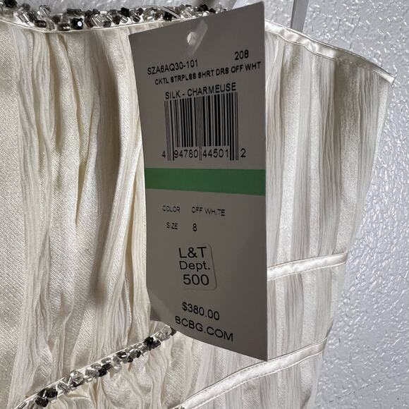 BCBGMaxAzria Ivory Off White Beaded Strapless Silk Mini Dress Size 8 - Picture 9 of 10